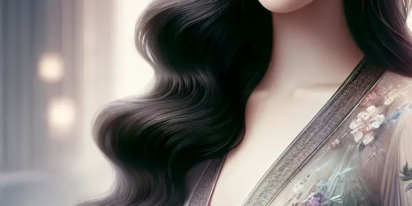 A glamorous Asian adult film star exuding confidence in a sophisticated studio, dressed in a vibrant, art-inspired outfit.