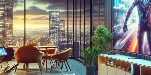A cozy living room scene with a person enjoying a movie on a large screen, surrounded by snacks and city views.