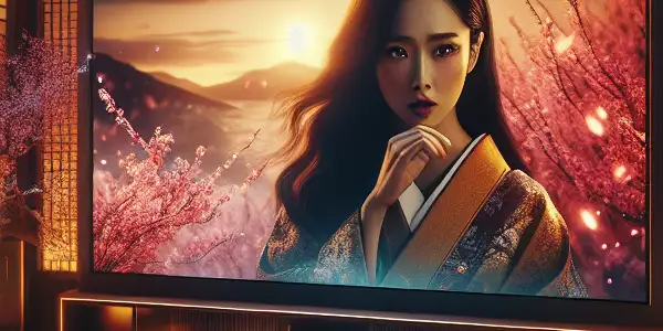 A cozy, dimly lit Japanese room featuring a flat-screen monitor displaying a romantic film scene with an enchanting actress.