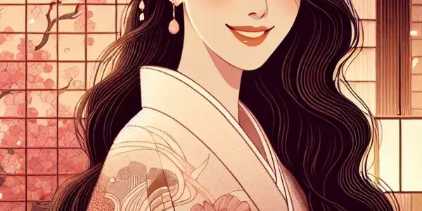 A young Asian woman in a delicate kimono, surrounded by cherry blossoms in a romantic, softly lit Japanese setting.