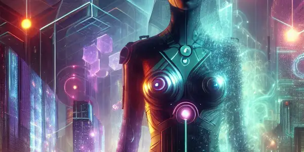 A neon-lit cityscape featuring a mysterious figure in a futuristic outfit, blending eroticism with sci-fi elements.