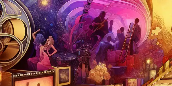 A vibrant virtual space representing an adult entertainment platform, featuring movie reels, screens, and iconic film star posters.