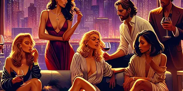 A vibrant city skyline at dusk with diverse characters in a modern living room engaged in intimate conversation.