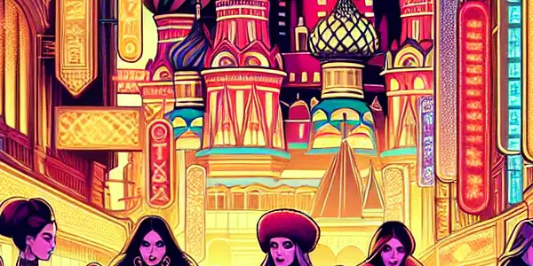 A lively street scene featuring glamorous blonde women, neon signs, and ornate Russian architecture in an adult entertainment hub.
