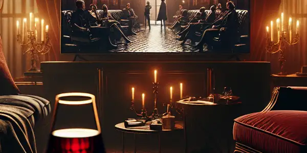 A luxurious living room with a modern TV, red wine, and script pages, evoking adult-themed drama and intimacy.<a href=