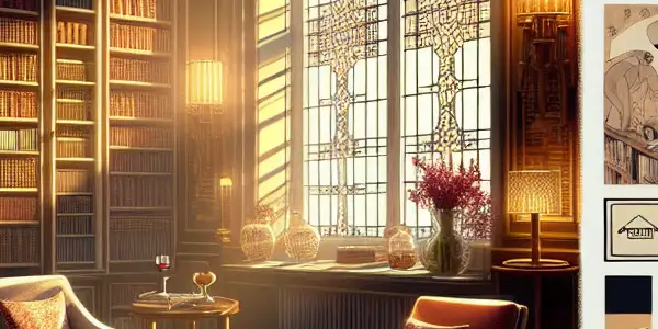 An intimate library scene featuring classic erotic novels, a cozy reading nook, and warm, inviting lighting.