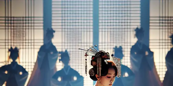 A graceful female dancer performs an artistic striptease on a dimly lit stage, adorned with cultural motifs.