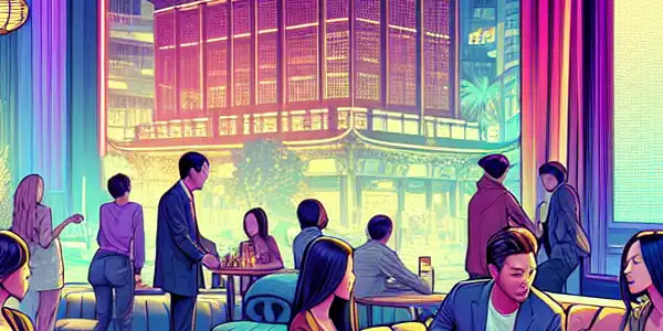 A vibrant urban lounge in Taipei featuring diverse people enjoying conversation, neon lights, and a playful atmosphere.