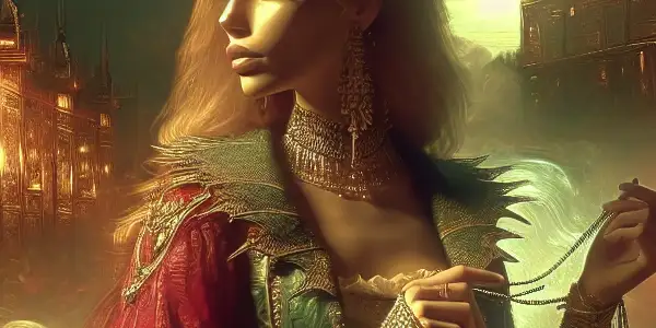 A courageous figure in traditional attire stands in an opulent palace garden, exuding adventure and subtle sensuality.