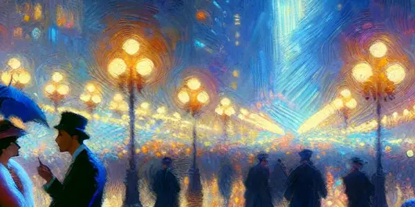 A dramatic nighttime cityscape featuring a couple in intimate conversation, surrounded by neon lights and a moody atmosphere.