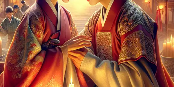 A passionate embrace between a couple in a richly decorated historical Korean setting, with a playful character peeking in.