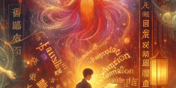 A stylized scriptwriter surrounded by ethereal words, embodying intimacy and connection in a warm, inviting workspace.