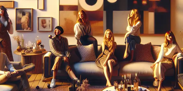 A cozy, intimate room with diverse adults enjoying playful moments, emphasizing the allure of modern adult entertainment.