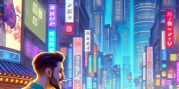 A vibrant neon-lit cityscape featuring a flirtatious couple amid an urban adventure inspired by adult interactive games.