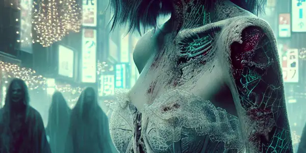 A hauntingly beautiful zombie bride in a tattered wedding gown amidst a post-apocalyptic urban landscape filled with lurking zombies.<a href=