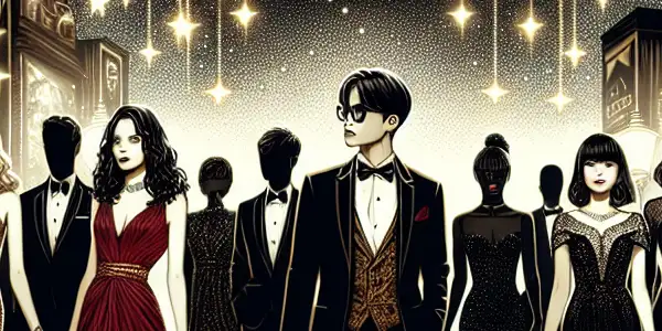 Glamorous red carpet scene at an adult film awards ceremony with elegant figures and thematic imagery.