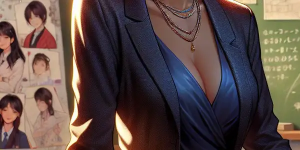 A sophisticated female teacher in a vibrant, nostalgic classroom, exuding charm and allure amidst educational elements.