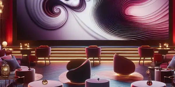 A luxurious lounge exuding sensuality, featuring elegant decor, ambient lighting, and abstract visuals on a large screen.