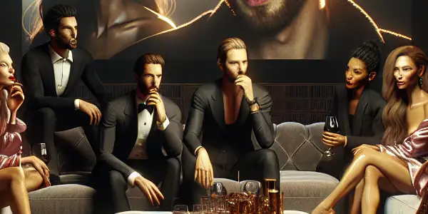 A luxurious, dimly lit room with diverse people enjoying adult content on a large screen, featuring elegant decor.