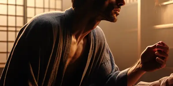 A dimly lit Japanese room where a man and woman share a moment of unexpected emotional connection.