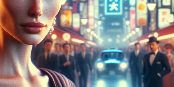 A confident female actress in a vibrant Tokyo street, embodying the allure of Japanese adult film culture.