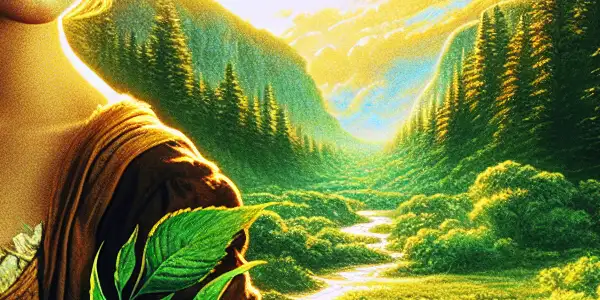 A confident young woman explores a lush wilderness at dusk, embodying adventure and sensuality amidst nature's beauty.