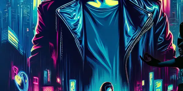 A charismatic character in urban nightlife, embodying rebellion and moral ambiguity amidst neon lights and shadowy figures.