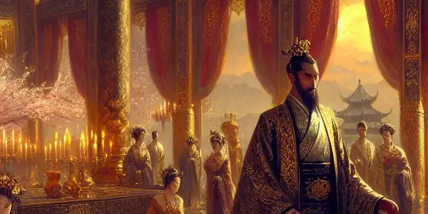 A powerful emperor surrounded by alluring courtesans in a lavish palace, illuminated by soft candlelight and cherry blossoms.