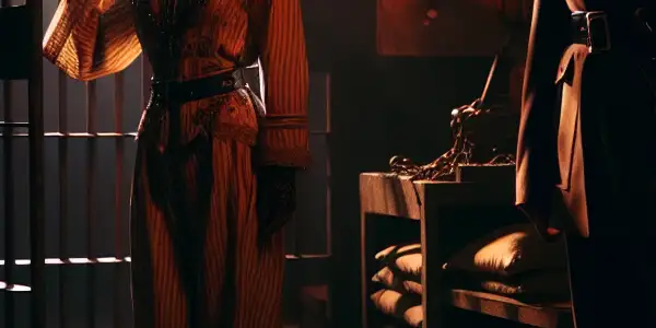 A defiant female inmate in a dim prison cell, watched by an authoritative male guard, evokes tension and desire.