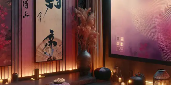 A cozy, dimly lit private viewing room featuring a large screen, plush seating, and elegant decor, evoking adult entertainment culture.