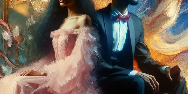 A surreal scene depicting two contrasting characters: one gentle and ethereal, the other wild and intense, in a dreamlike setting.