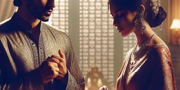 A passionate couple shares an intimate moment in a dimly lit, elegantly decorated room.