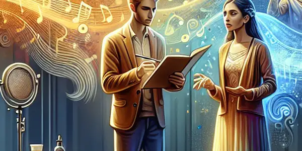 A vibrant studio scene with two actors practicing dialogue, showcasing emotional expression and creativity in performance art.